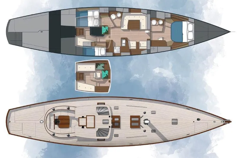 Lady Gwenhyfar Yacht Photos Pics Floor plan of 2018 Spirit Yachts C63, showcasing interior and deck layout.
