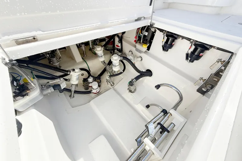  Yacht Photos Pics Engine compartment of 2026 Blackwater 41 Sportfish boat, showcasing mechanical components.