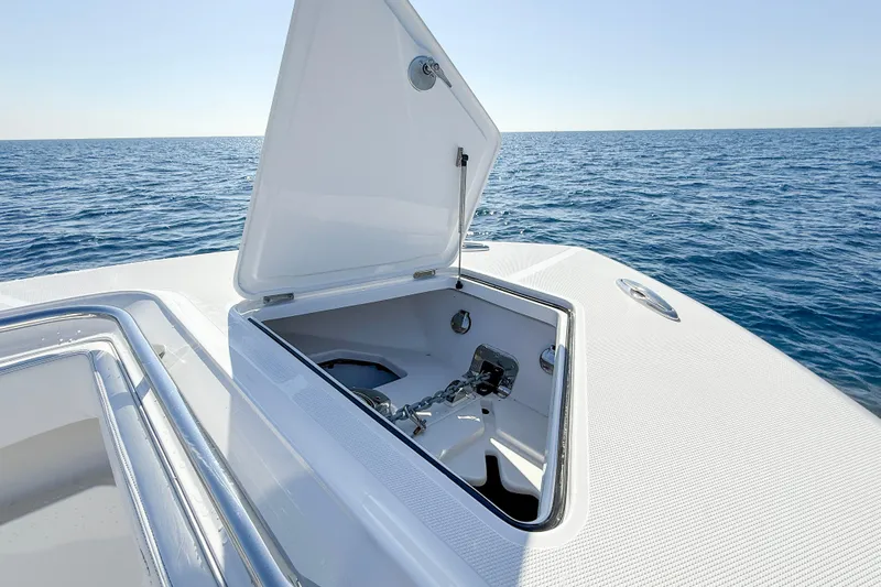  Yacht Photos Pics Open anchor compartment on 2026 Blackwater 41 Sportfish boat, ocean background.