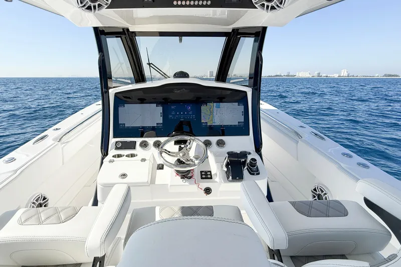  Yacht Photos Pics Helm of 2026 Blackwater 41 Sportfish boat with modern navigation system.