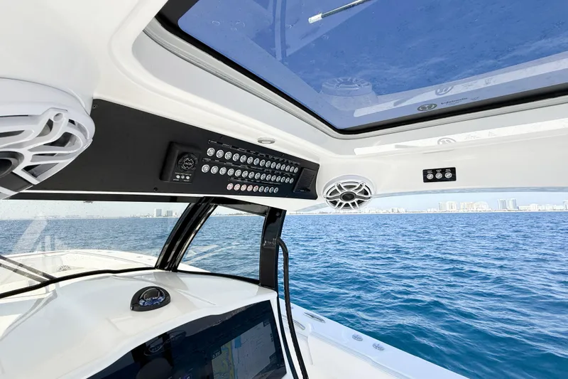  Yacht Photos Pics Interior view of 2026 Blackwater 41 Sportfish boat with ocean and city skyline.