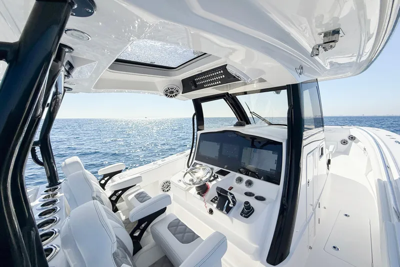  Yacht Photos Pics Interior of 2026 Blackwater 41 Sportfish boat with modern controls and ocean view.