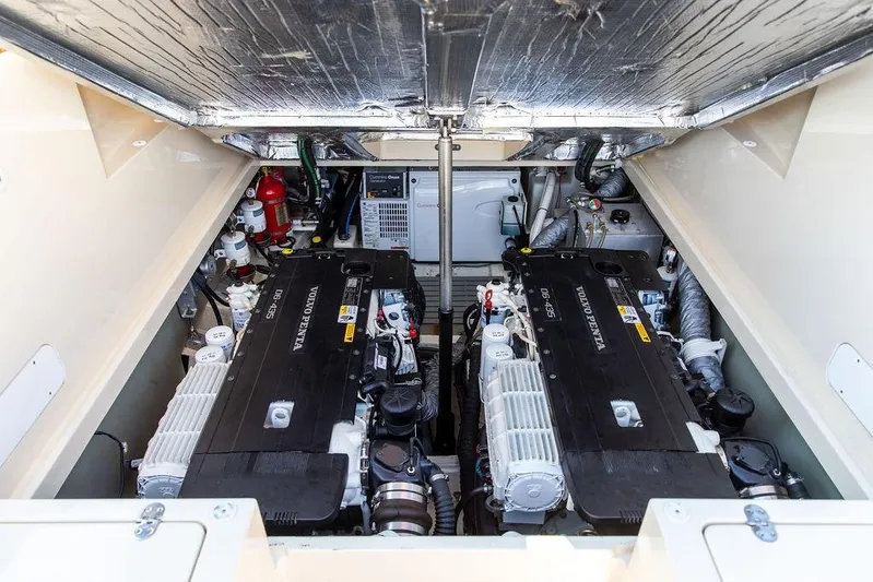 Pisces Yacht Photos Pics Engine compartment of 2017 Hinckley Picnic Boat MKIII with dual Volvo Penta engines.