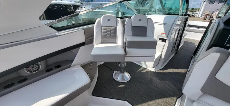  Yacht Photos Pics 2018 Four Winns H350 OB boat interior with modern seating and sleek design.