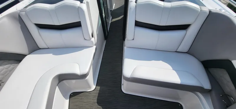  Yacht Photos Pics 2018 Four Winns H350 OB boat interior with white cushioned seating.