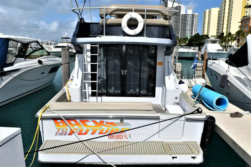  Yacht Photos Pics 2019 Silverton 41 Sport Bridge yacht docked, Back to the Future decal, Miami Beach, FL.