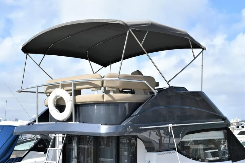  Yacht Photos Pics 2019 Silverton 41 Sport Bridge yacht with upper deck and canopy.