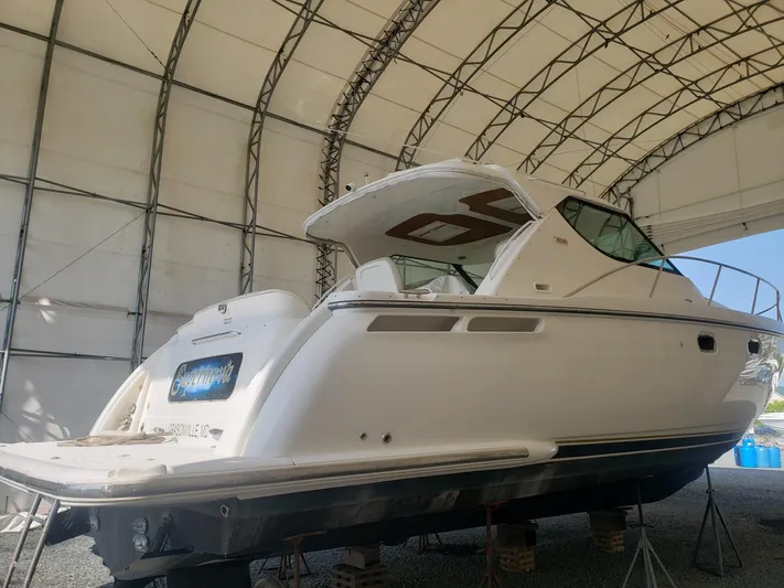 Supernova Yacht Photos Pics 2007 Tiara Yachts 4300 Sovran in storage, showcasing sleek design and luxury features.