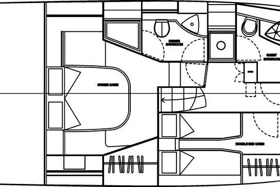 Custom Order Your 52 Fly Today! Yacht Photos Pics Floor plan of 2026 Cobrey 52 FLY yacht, featuring cabins and bathrooms.