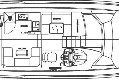 Custom Order Your 52 Fly Today! Yacht Photos Pics Deck layout of 2026 Cobrey 52 FLY yacht, featuring saloon and kitchen areas.