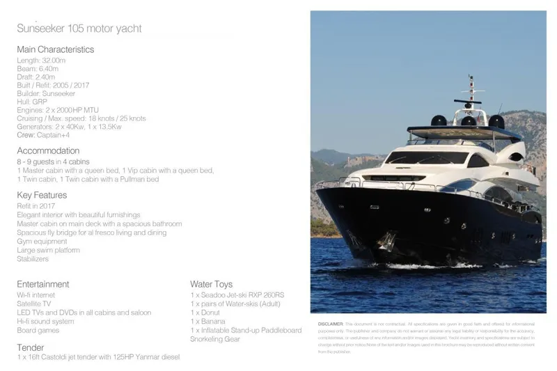 Natalia Yacht Photos Pics Sunseeker 105 Yacht, 2005 model, cruising on water with mountainous backdrop.