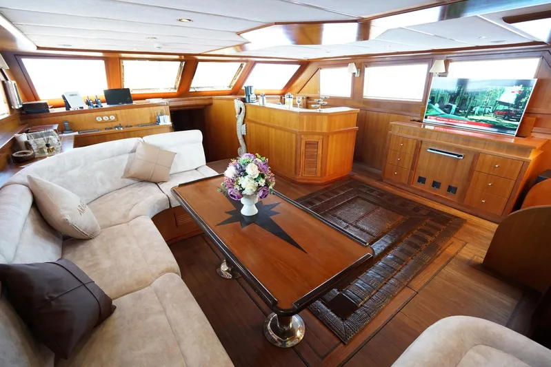  Yacht Photos Pics Luxurious interior of a 2007 custom 32-metre gulet with elegant wood finishes and plush seating.