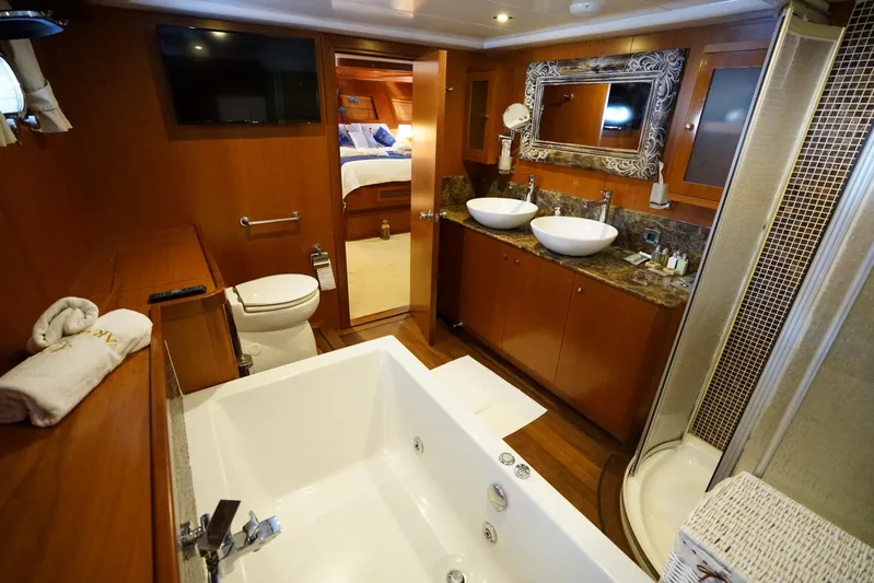 Yacht Photos Pics Luxurious bathroom on a 2007 Custom 32 metre Gulet yacht with modern amenities.