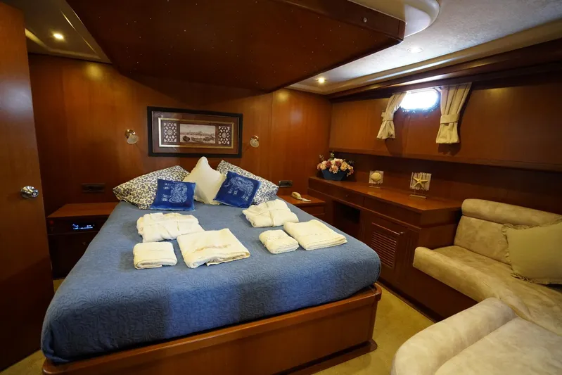  Yacht Photos Pics Luxurious cabin interior of a 2007 Custom 32 metre Gulet with cozy bedding and elegant decor.