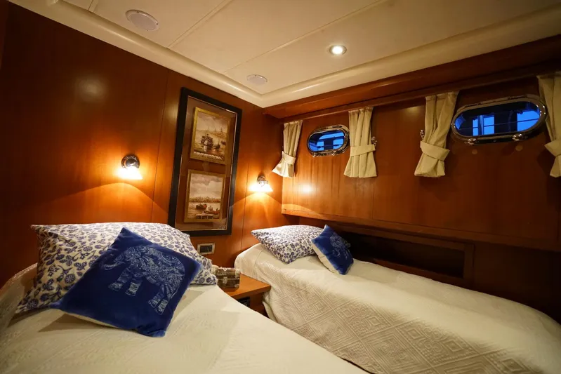  Yacht Photos Pics Cozy twin cabin on a 2007 Custom 32 metre Gulet with wooden interior and nautical decor.