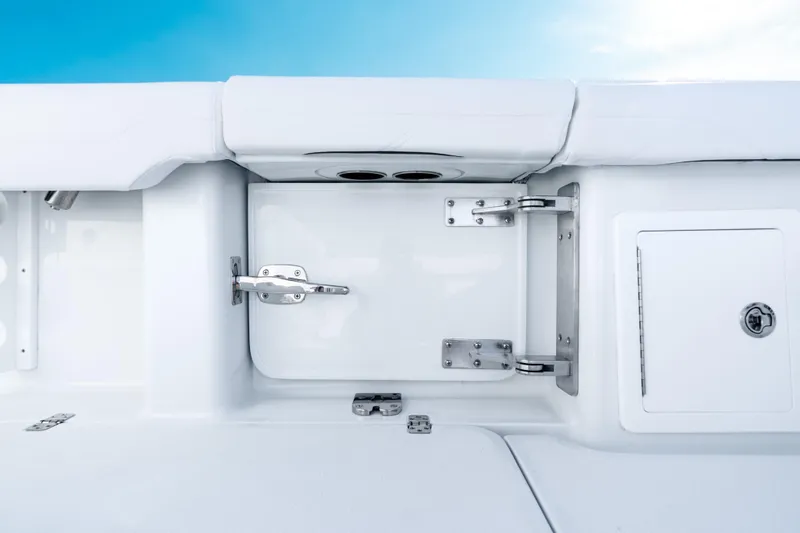  Yacht Photos Pics 2026 Yellowfin 36 Offshore boat interior with sleek white finish and stainless steel hardware.