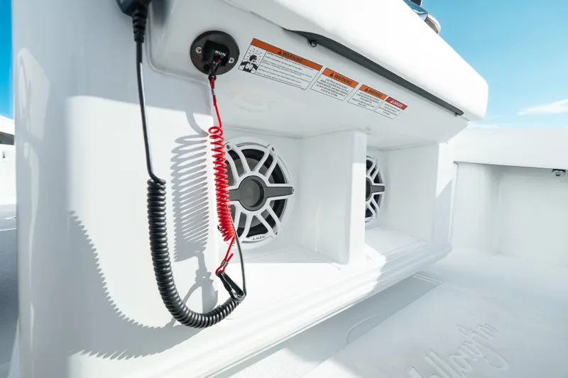  Yacht Photos Pics 2026 Yellowfin 36 Offshore boat interior with speakers and safety instructions.