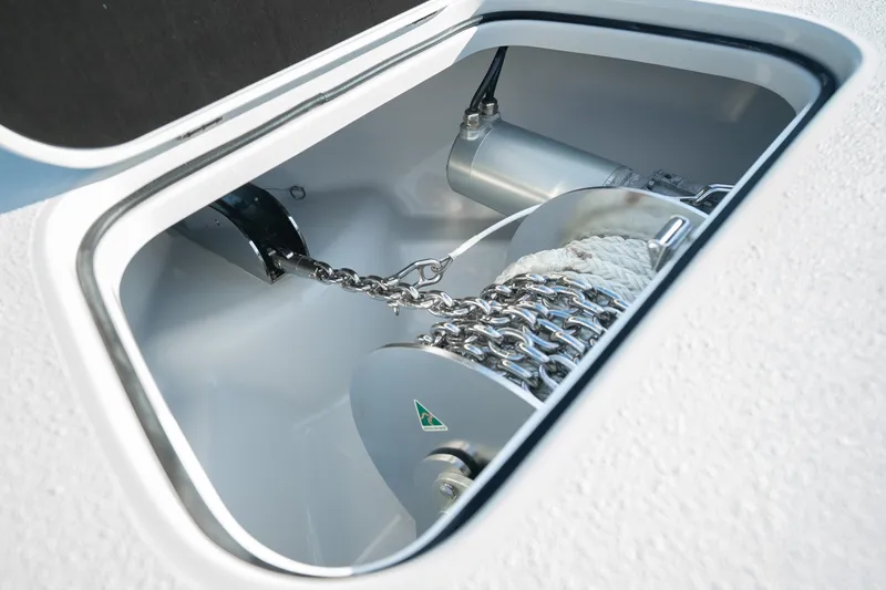  Yacht Photos Pics Anchor chain compartment of 2026 Yellowfin 36 Offshore boat, showcasing modern design.