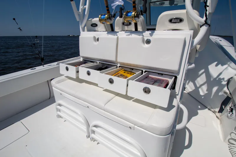 Reel Development Yacht Photos Pics 2022 Onslow Bay 41 TE boat with open tackle storage drawers on deck.