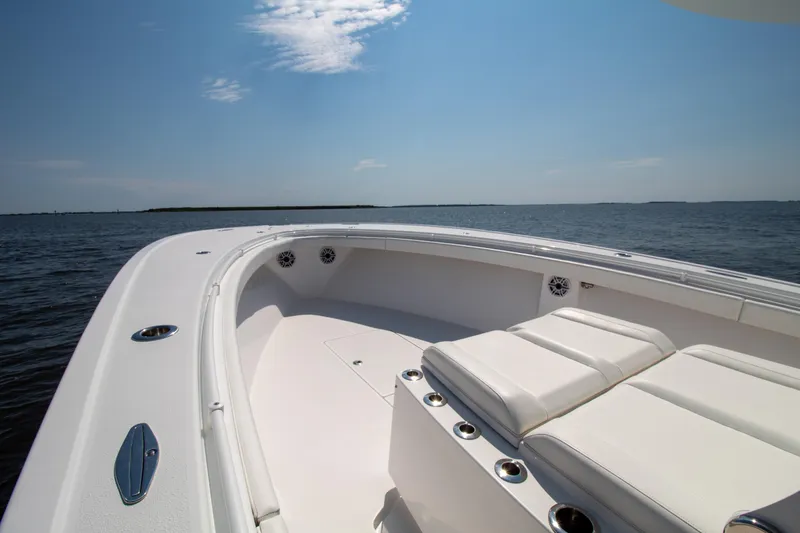 Reel Development Yacht Photos Pics Onslow Bay 41 TE 2022 boat on open water, featuring sleek white deck design.