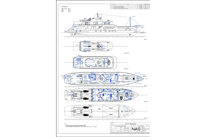  Yacht Photos Pics Blueprint of 2008 De Donge Long Range 48M yacht, showcasing detailed deck layouts and side profile.