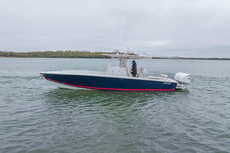  Yacht Photos Pics 2008 Jupiter 31 FS boat on calm water, side view, overcast sky.
