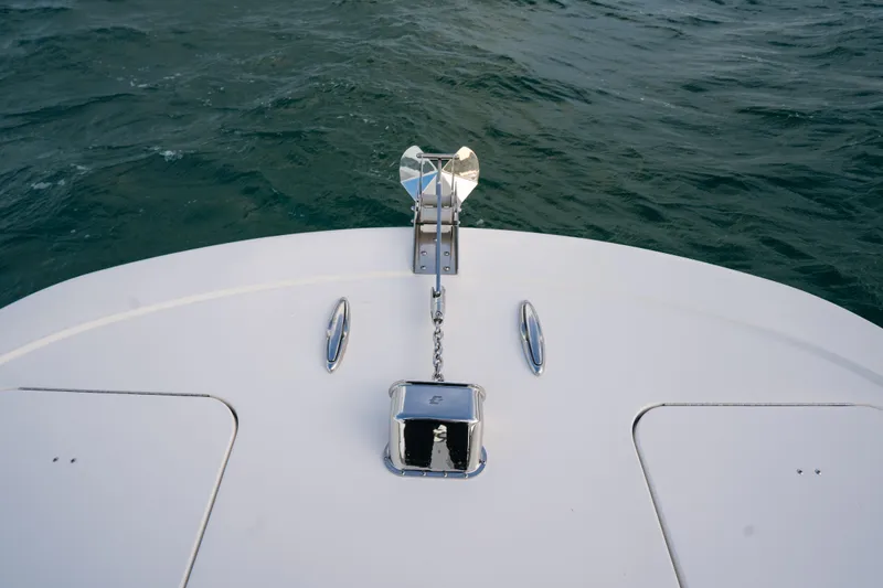  Yacht Photos Pics Bow of 2024 Tideline 365 boat with anchor and ocean view.