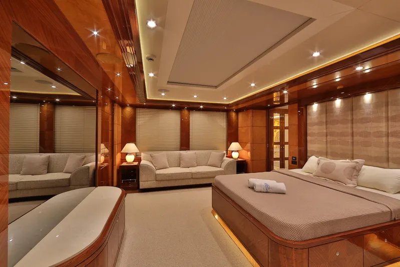 Elada Yacht Photos Pics Luxurious bedroom interior of 2014 Bilgin 147 yacht with elegant wood finishes and ambient lighting.