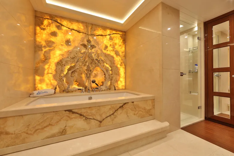 Elada Yacht Photos Pics Luxurious bathroom with illuminated marble wall in Bilgin 147 yacht, 2014 model.