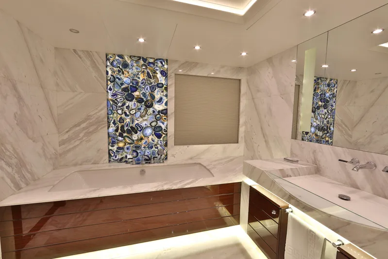 Elada Yacht Photos Pics Luxurious Bilgin 147 yacht bathroom with marble decor and artistic mosaic, 2014 model.
