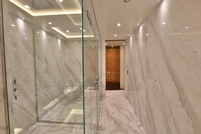 Elada Yacht Photos Pics Luxurious marble bathroom interior on Bilgin 147 yacht, 2014 model.