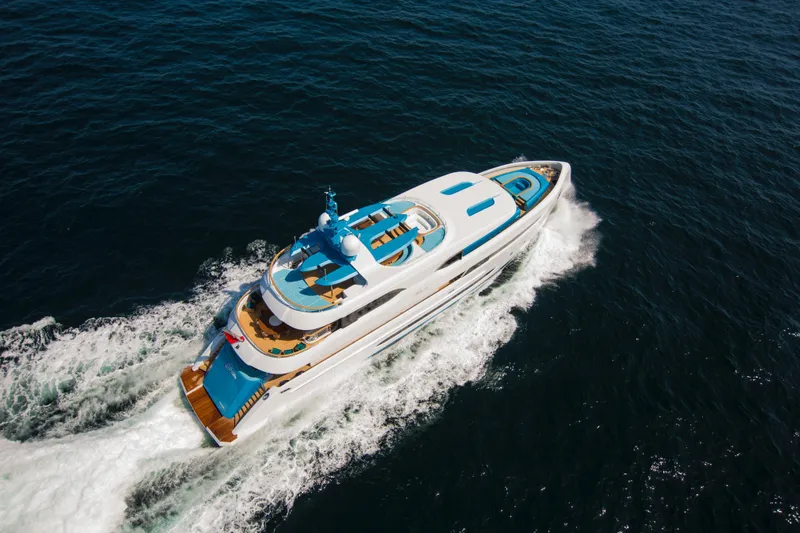 Elada Yacht Photos Pics Luxurious 2014 Bilgin 147 yacht cruising on open sea, aerial view.
