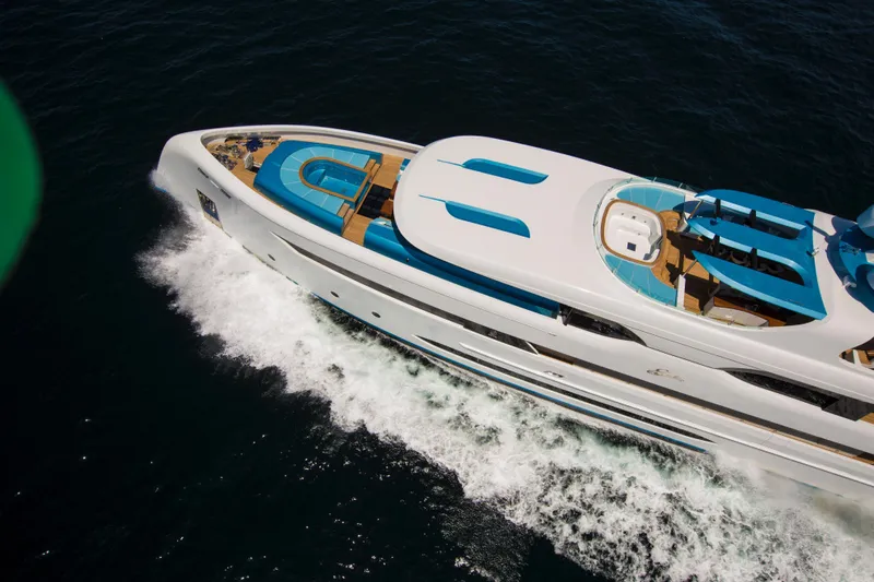 Elada Yacht Photos Pics Aerial view of 2014 Bilgin 147 yacht cruising on the ocean.