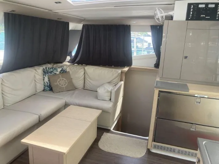 Knot On Call Yacht Photos Pics Interior of 2018 Fountaine Pajot Helia 44 Evolution catamaran with modern furnishings.