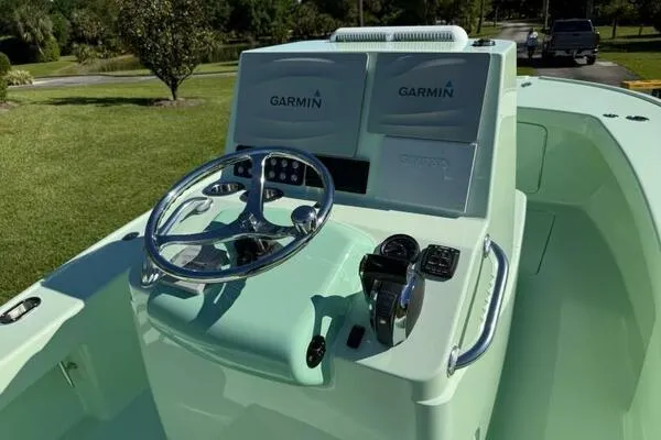 Wicked Tuna Yacht Photos Pics Custom Vernese V23 boat dashboard with Garmin navigation, 2021 model, mint green finish.
