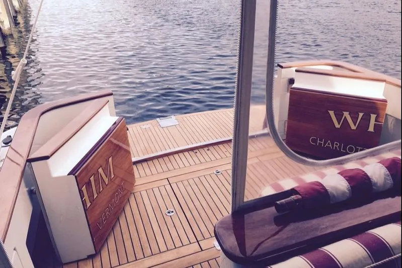 Skylark Yacht Photos Pics 2005 Lyman-Morse Monhegan yacht with elegant wooden deck and water view.