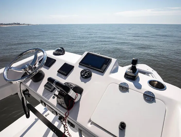 Done Diggin Yacht Photos Pics 2019 Everglades 355 Center Console boat dashboard with ocean view.