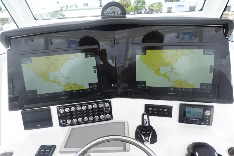  Yacht Photos Pics Dashboard of 2025 Sea Fox 328 Commander with dual navigation screens and controls.