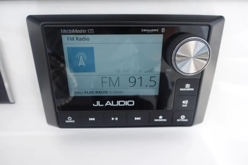  Yacht Photos Pics JL Audio MediaMaster display on 2025 Sea Fox 328 Commander, tuned to FM 91.5.