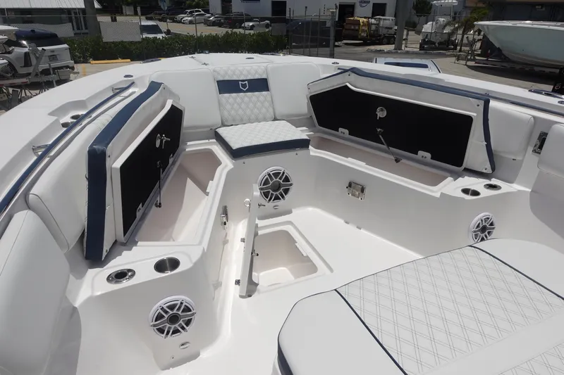  Yacht Photos Pics 2025 Sea Fox 328 Commander boat interior with seating, storage, and speakers.