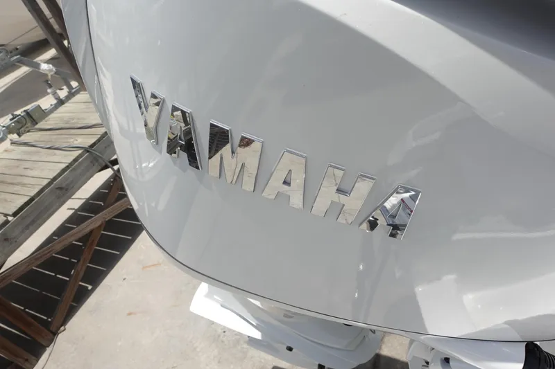  Yacht Photos Pics Yamaha engine on 2025 Sea Fox 328 Commander boat, close-up view.