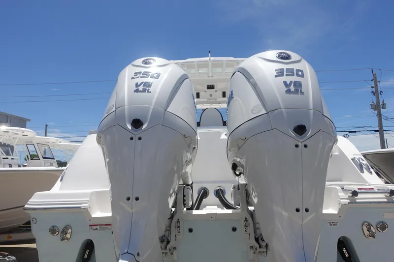  Yacht Photos Pics 2025 Sea Fox 328 Commander with twin 350 V8 engines, rear view.