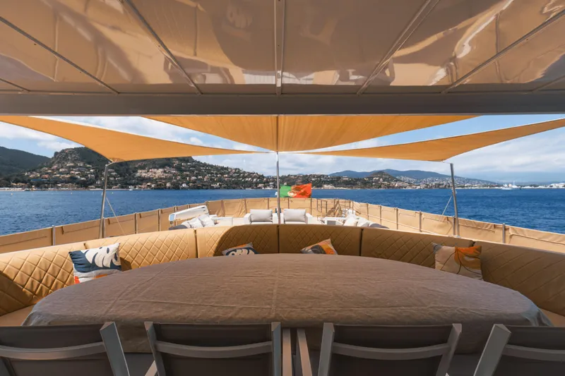 Eva Yacht Photos Pics Luxurious deck of 1992 Cheoy Lee Custom yacht with scenic ocean view.