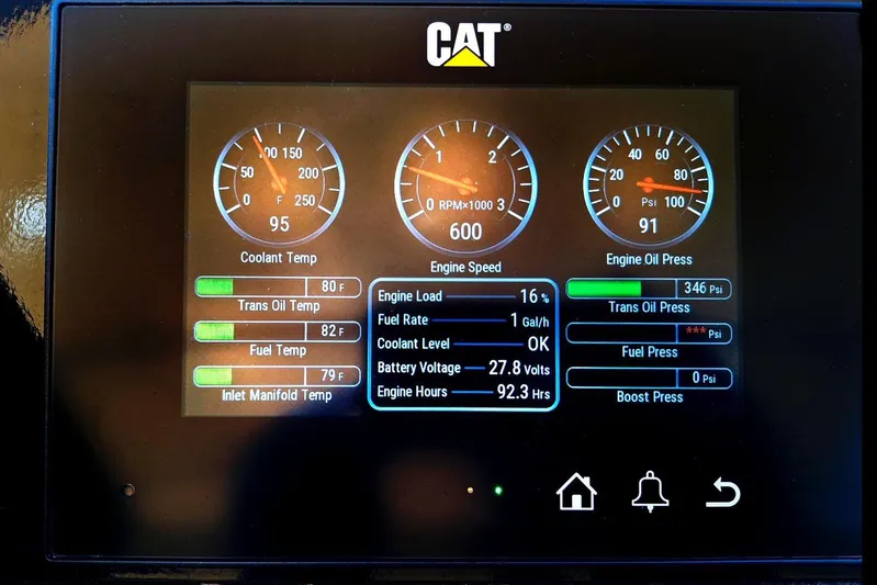  Yacht Photos Pics CAT engine display showing coolant temperature, engine speed, and oil pressure for 2005 RivaRama 44.