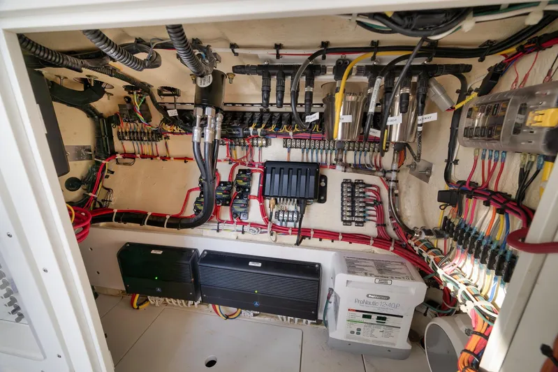 Yacht Photos Pics Electrical system of 2023 SeaVee 322Z boat, showcasing wiring and components.