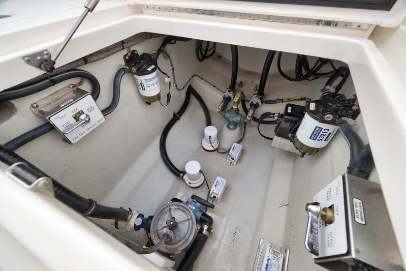  Yacht Photos Pics 2023 SeaVee 322Z boat engine compartment with fuel system components and wiring.