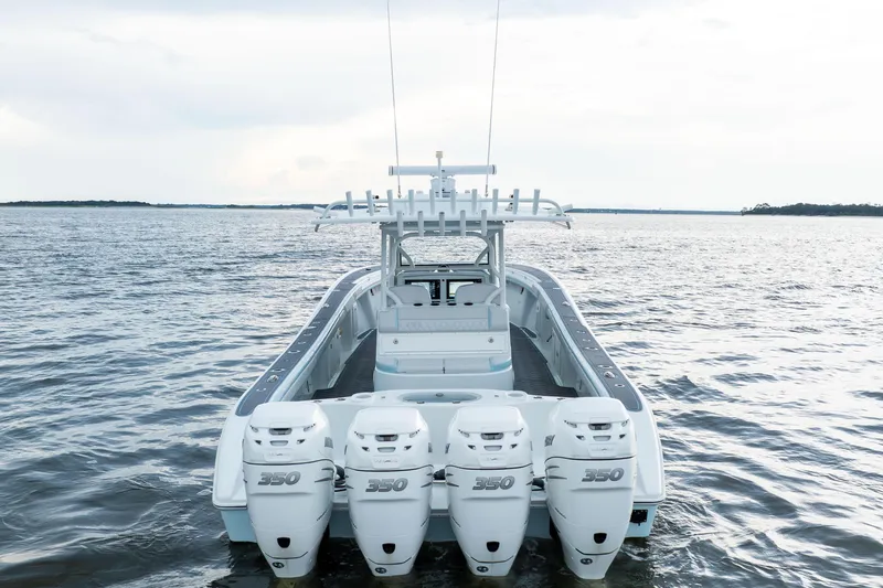  Yacht Photos Pics 2018 Yellowfin 39 Offshore boat with quad 350 engines on open water.
