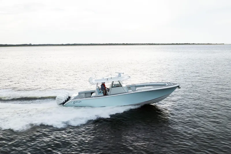  Yacht Photos Pics 2018 Yellowfin 39 Offshore boat cruising on open water.
