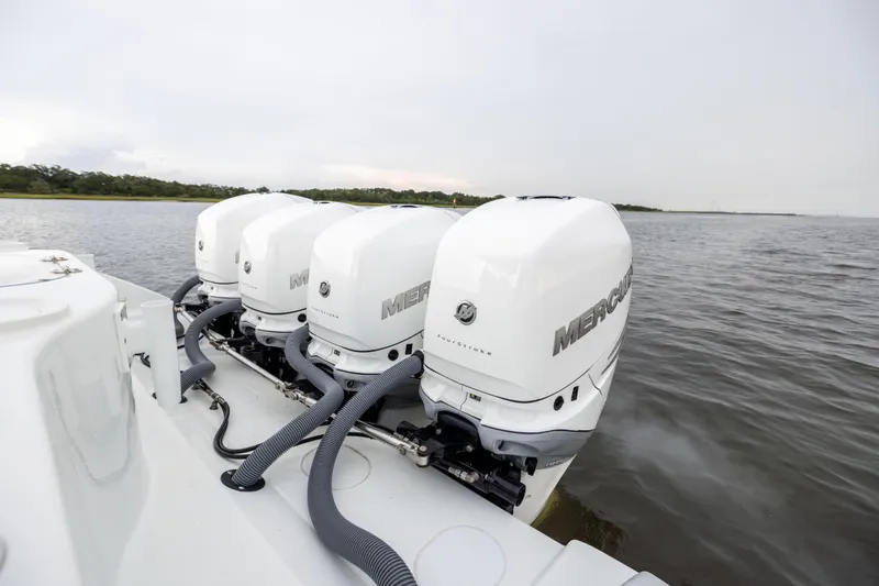 Yacht Photos Pics 2018 Yellowfin 39 Offshore boat with four Mercury outboard engines on the water.
