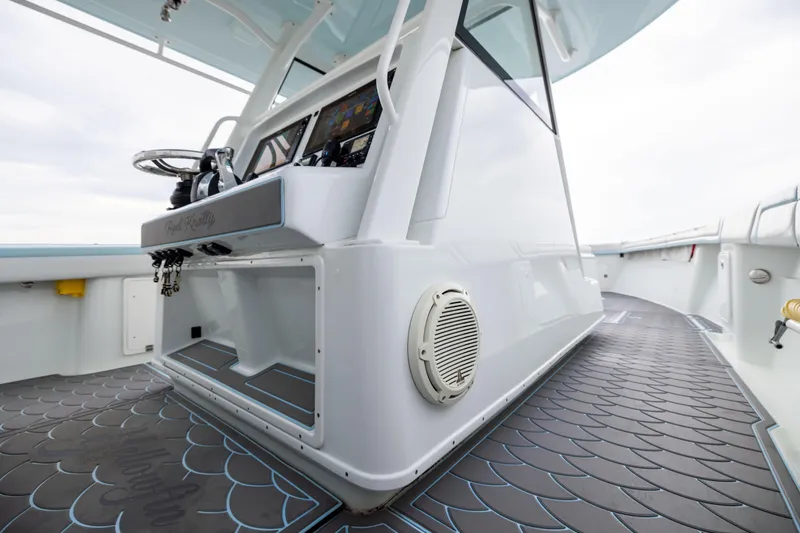  Yacht Photos Pics 2018 Yellowfin 39 Offshore boat interior with modern helm and sleek design.